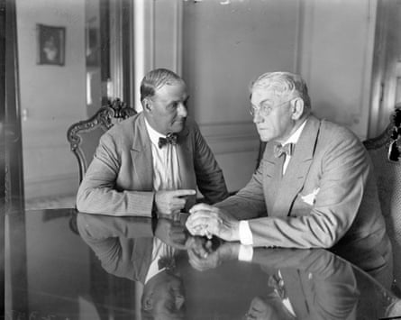 Tex Rickard, left, confers with George F Getz, the millionaire coal operator and leading figure in the campaign to have the second Jack Dempsey v Gene Tunney title fight held in Chicago.