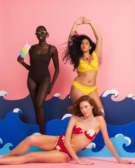 Three models in yellow bikini, a striped swimsuit and a red high waisted bikini