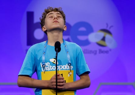 Reed Fuchs, an eighth grader from New York, competes during the first day of the Scripps National Spelling Bee in National Harbor, Maryland.