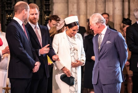 The Prince of Wales, then Duke of Cambridge, the Duke and Duchess of Sussex and King Charles II, then Prince of Wales, chat together.