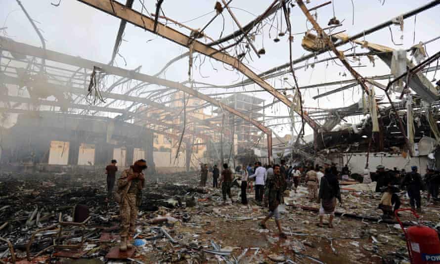 The aftermath of a Saudi-led coalition airstrike in Sanaa, Yemen, in 2016