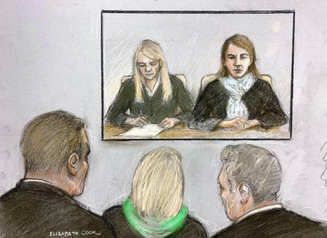 Court sketch of Anne Sacoolas on TV screen