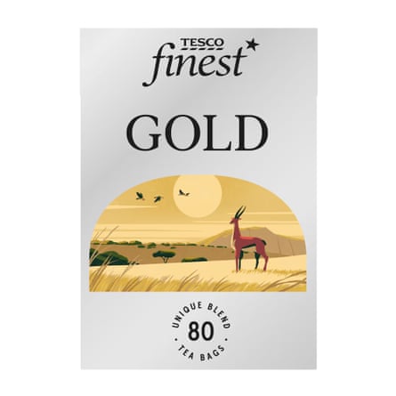 The front of a box of a brand of teabag called Tesco Finest Gold teabags 80 Pack 250g