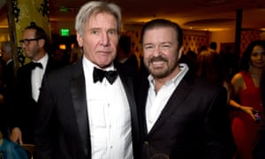 HBO’s Official Golden Globe Awards After Party - Inside<br>BEVERLY HILLS, CA - JANUARY 10: Actors Harrison Ford (L) and Ricky Gervais attend HBO’s Official Golden Globe Awards After Party at The Beverly Hilton Hotel on January 10, 2016 in Beverly Hills, California. (Photo by Jeff Kravitz/FilmMagic)