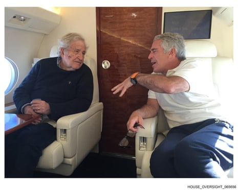An undated image of Jeffrey Epstein speaking to US professor and political activist Noam Chomsky on a private plane.