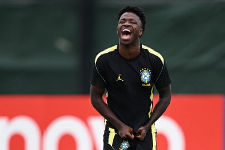 Vinícius Júnior smiles during a Brazil training session.