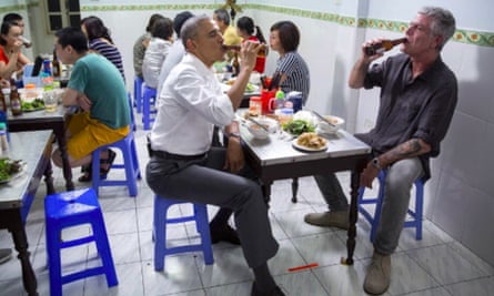 Barack Obama and Anthony Bourdain eating noodles in Vietnam.
