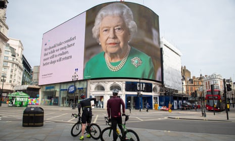 An image of Queen Elizabeth II in Piccadilly Circus, London, April 2020