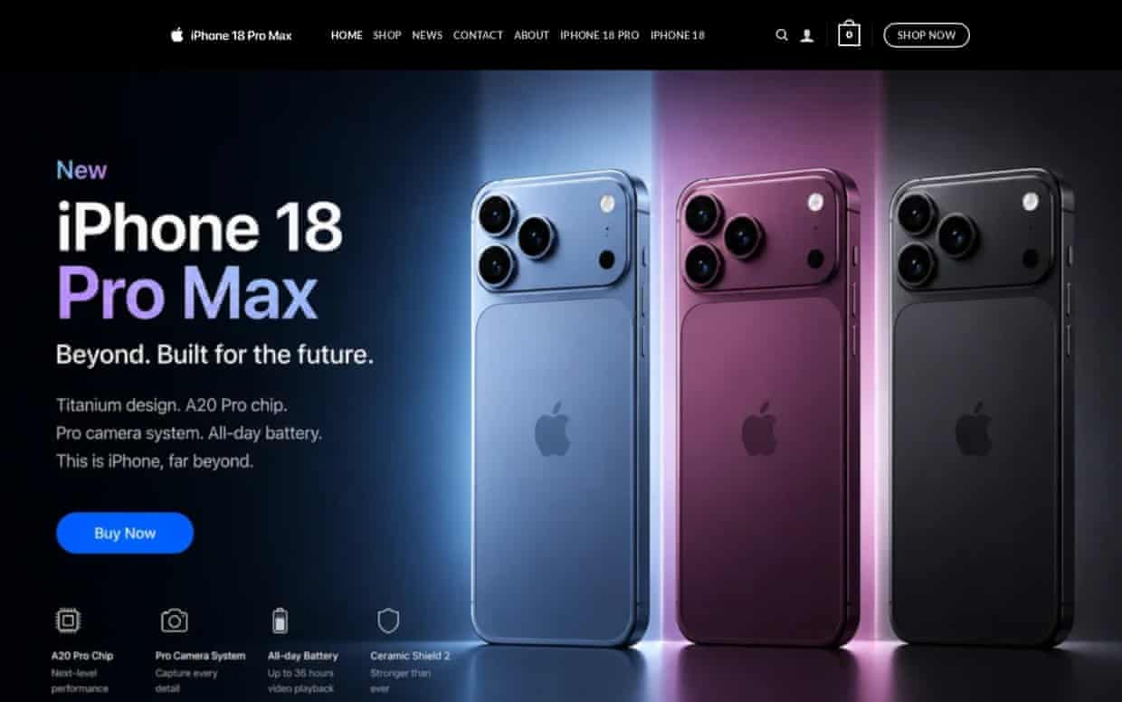 A fraudulent site offering the new iPhone 18 Pro Max.