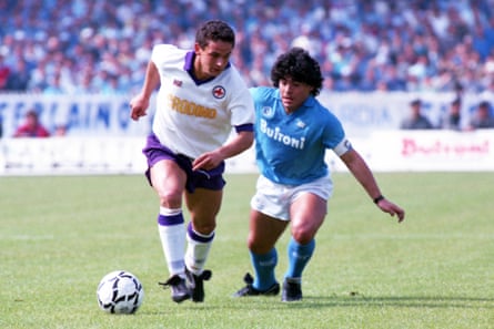 Roberto Baggio and Diego Maradona in action at the Stadio San Paolo.