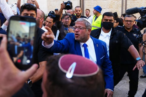 Itamar Ben-Gvir leads right-wing counter-protesters outside Israel's supreme court earlier this month.