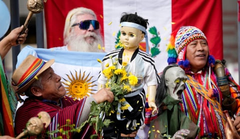 Peruvian shamans perform a ritual to predict the World Cup 2026 final result between Spain and Argentina, in Lima
