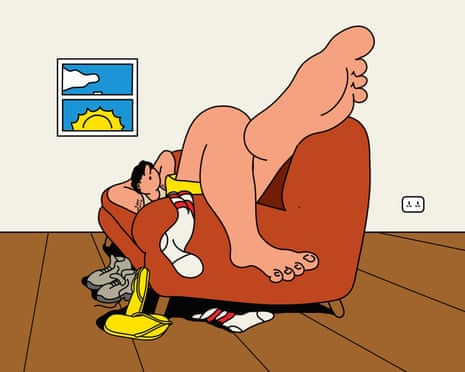 A cartoon person reclines in a brown armchair with legs raised, watching television