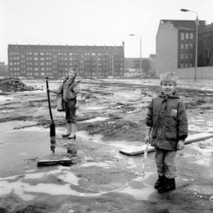 Boys playing where the wall was, between Treptow and Neukölln, December 1990, Berlin, Germany