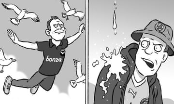 Cartoon illustration of Leigh Broxham flying with seagulls and a Melbourne City fan being pooed on by a bird