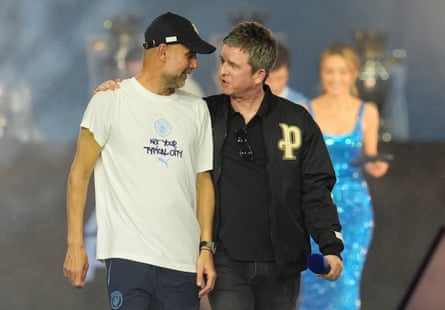 Pep Guardiola and Noel Gallagher chat on stage at the Co-op Live.