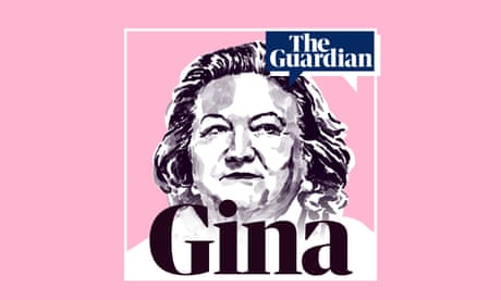 Podcast artwork for Guardian podcast Gina. Black and white illustration of Gina Rinehart on pink background