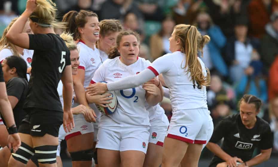 Amy Cokayne celebrates scoring England’s first try in the win over New Zealand