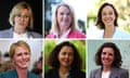 Successful teal independent candidates, clockwise from top left: Zali Steggall, Kylea Tink, Sophie Scamps, Allegra Spender, Monique Ryan and Zoe Daniel