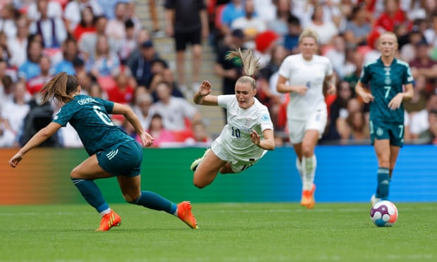 Georgia Stanway is floored by a bad tackle during the Euro 2022 final.