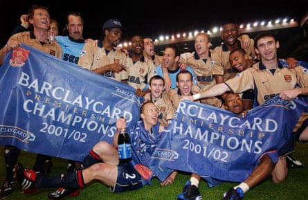 Arsenal celebrate winning the Premier League title at Old Trafford in May 2002.