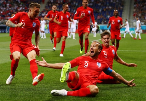 Harry Kane celebrates scoring England’s first goal in their 2-1 win against Tunisia.