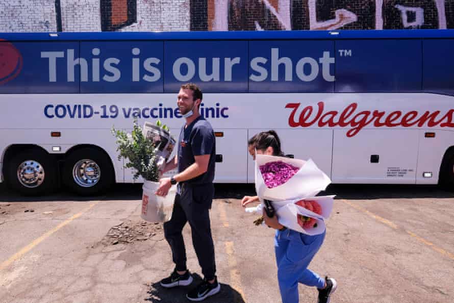 A mobile vaccine clinic in downtown Los Angeles. The county recently brought back an indoor mask mandate as the Delta variant spreads.