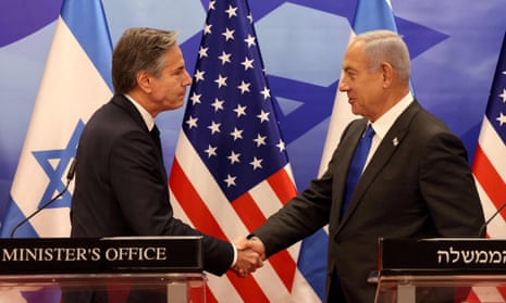 The US secretary of state, Antony Blinken (left), and the Israeli prime minister, Benjamin Netanyahu, shake hands during a press conference in Jerusalem.