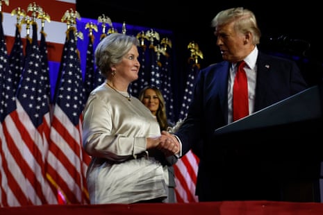 Donald Trump praises his then campaign senior adviser Susie Wiles during an election night event at the Palm Beach Convention Center on 6 November 2024 in West Palm Beach, Florida.