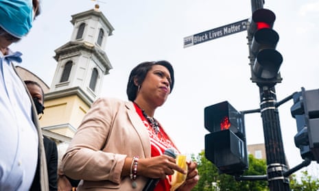 Mayor Muriel Bowser speaks after announcing that she is renaming a section of 16th street ‘Black Lives Matter Plaza’ in Washington DC on Friday.