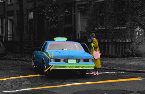 Colourful drawing over a black and white archival image of a woman entering a taxi
