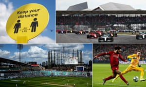 Clockwise from top left: a social distancing sign in London, the 2019 British Grand Prix, Liverpool’s Mohamed Salah in Champions League action and a general view of play at the Oval