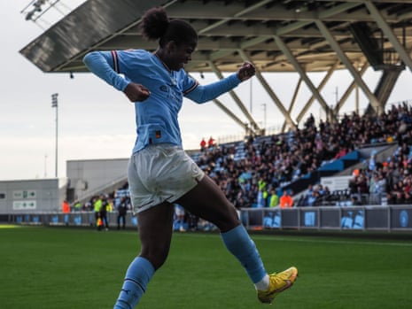 Khadija “Bunny” Shaw celebrates scoring for Manchester City against Tottenham Hotspur