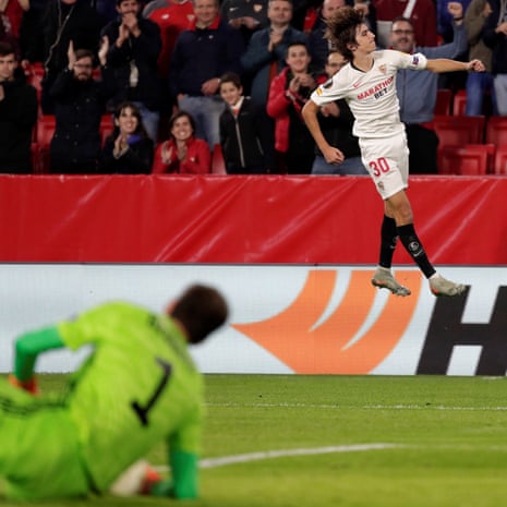 Happy faces abound at the Sanchez Pizjuan stadium after Sevilla’s Bryan Gil opens the scoring.