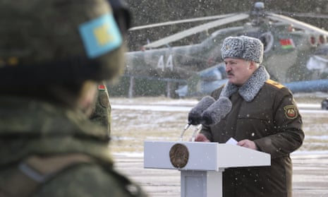 Belarusian president Alexander Lukashenko delivers a speech during a meeting with peacekeepers of the Collective Security Treaty Organization after their withdrawal from Kazakhstan, on military airport near Minsk, Belarus, Saturday, Jan.15, 2022