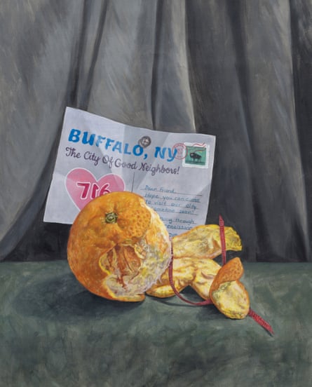Painting of crumpled up postcard that says Buffalo, NY, The City of Good Neighbors, on a gray drop cloth, behind a half-peeled orange