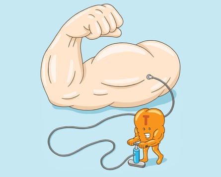 Illustration of a muscled forearm being pumped up by an orange testosterone creature
