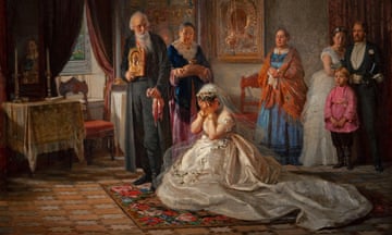 An antique painting of a bride with her hands covering her face, with family members standing behind her