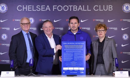 Chelsea chairman Bruce Buck, the UK government’s independent adviser on antisemitism Lord John Mann, Frank Lampard and the IHRA’s executive secretary Dr Kathrin Meyer at the signing of the declaration, formally adopting the working definition of antisemitism.