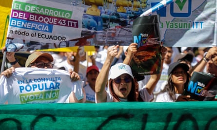 Ecuadorians protest in Quito against prohibiting oil drilling in the Amazonian Yasuni national park.