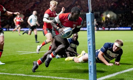 Christian Wade of Gloucester runs towards the try-line to score against Bristol