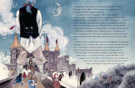 An illustration of Gulliver putting out a palace fire in Lilliput
