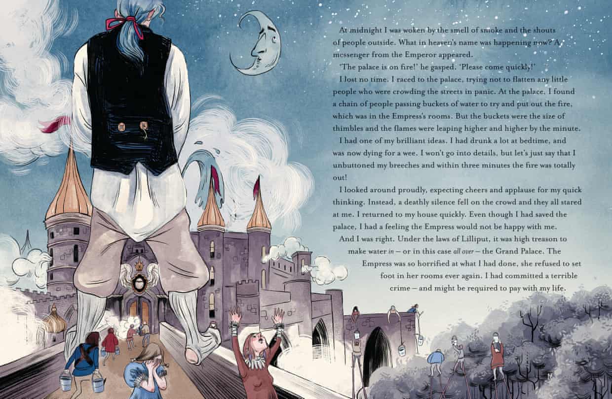 An illustration of Gulliver putting out a palace fire in Lilliput