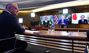 The Prime Minister of Australia Scott Morrison (left) is seen participating in the inaugural Quad leaders meeting with the President of the United States Joe Biden, the Prime Minister of Japan Yoshihide Suga and the Prime Minister of India Narendra Modi during a virtual meeting in Sydney, Friday, March 12, 2021. (AAP Image/Pool/Dean Lewins) NO ARCHIVING