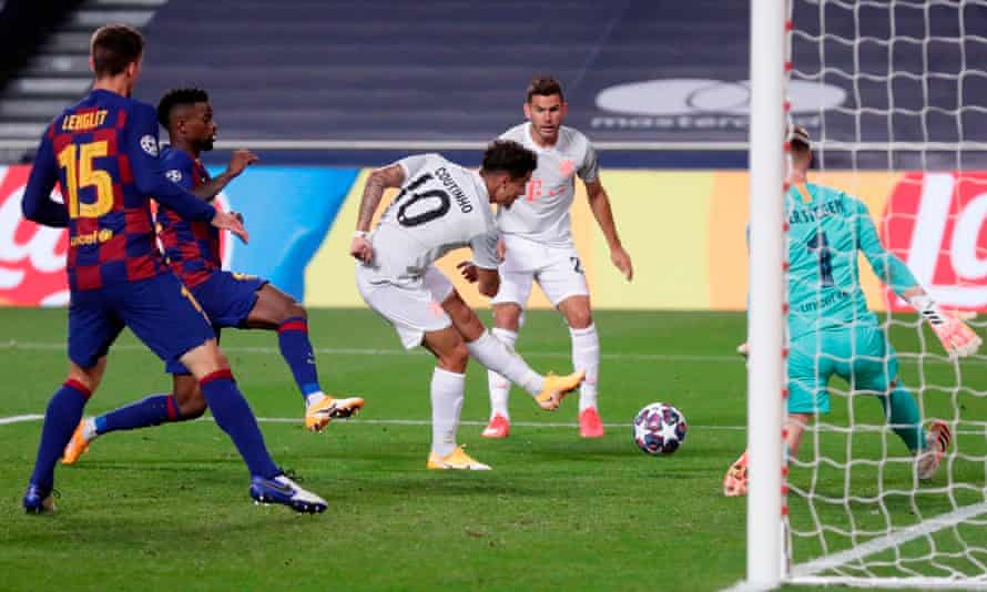 Philippe Coutinho scores Bayern’s eighth goal and his second against Barcelona in Lisbon in August 2020.
