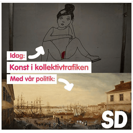 Screengrab of a meme apparently made by the Sweden Democrats. The central caption reads: “Art in public transport”, and points to Strömquist’s picture saying “Today” and to a painting of a harbour scene saying “With our politics”.