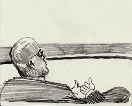 A black and white sketch of Yorgen Fenech sitting in a chair