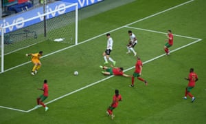 Kai Havertz waits for the ball before slotting it home for Germany’s third goal.
