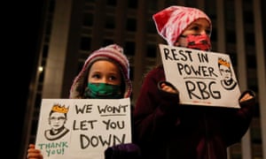 The late US supreme court justice Ruth Bader Ginsburg is mourned during a vigil in Monument Square in Portland, Maine.