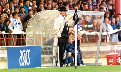 Simon Stainrod, in his his Dick Tracy hat, leads Dundee to a famous win over Rangers in August 1992